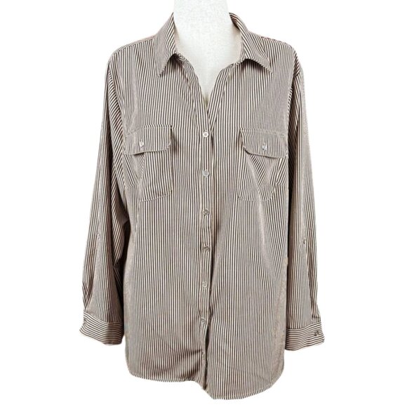 NOTATIONS BROWN AND TAN PINSTRIPE BUTTON UP SHIRT, SIZE 2X - Picture 1 of 5